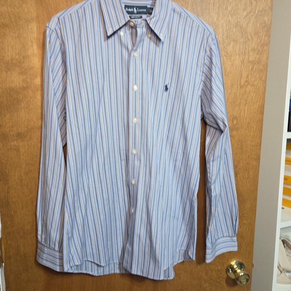 Ralph Lauren Mens Large Blue Yellow Striped Cotton Custom Fit Button Down Shirt